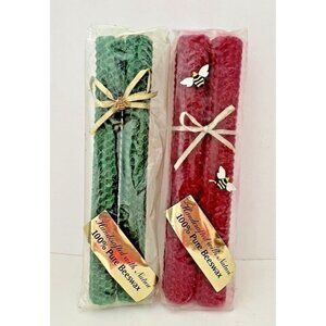 2 Red & 2 Green 100% PURE BEESWAX Handmade Organic Tall Taper Candles Honey Bees